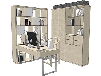 新中式实木书桌椅书柜免费su模型，书桌椅组合sketchup模型下载