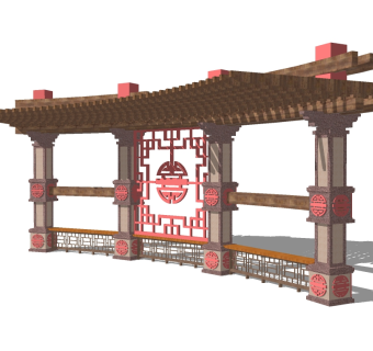 新中式造型廊架草图大师模型，造型廊架sketchup模型下载