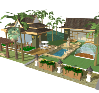 东南亚独栋别墅草图大师模型，独栋别墅sketchup模型免费下载