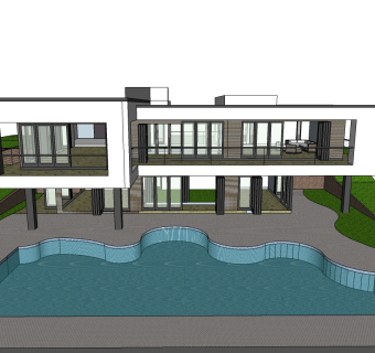 现代别墅草图大师模型，别墅泳池sketchup模型下载