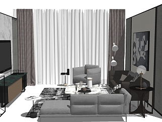 现代布艺休闲沙发组合草图大师模型，沙发skp模型下载
