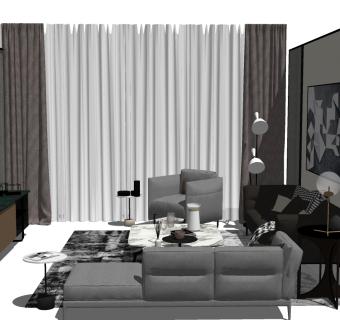 现代布艺休闲沙发组合草图大师模型，沙发skp模型下载