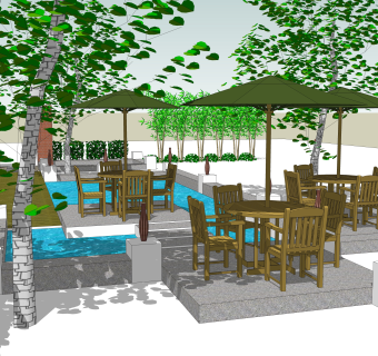花园酒店餐厅户外餐厅旅游景点餐厅，太阳伞木质桌椅 su、草图大师免费模型下载.