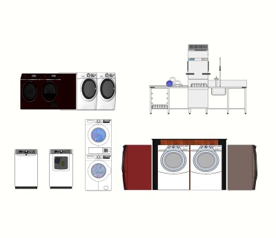 现代洗衣机组合草图大师模型，洗衣机skp文件下载