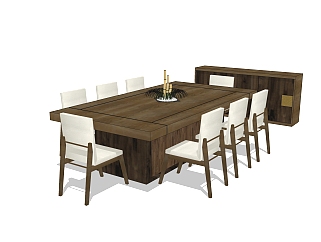 现代实木餐桌椅su模型，八人餐桌长桌子草图大师模型下载