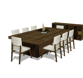 现代实木餐桌椅su模型，八人餐桌长桌子草图大师模型下载