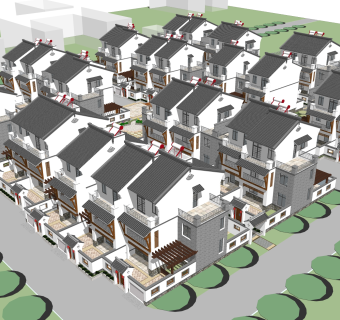 中式联排别墅su模型，别墅skb文件下载