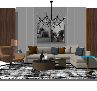 现代布艺沙发组合su模型，客厅家具软装skp模型下载