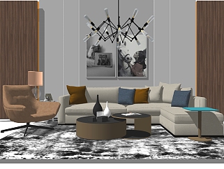 现代布艺沙发组合su模型，客厅<em>家具软装</em>skp模型下载