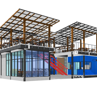 工业风集装箱饭店外观草图大师模型，集装箱饭店外观sketchup模型免费下载