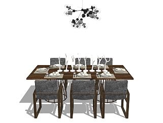 新中式餐桌椅组合su模型，餐桌椅skp模型下载