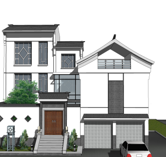 中式别墅草图大师模型，别墅sketchup模型