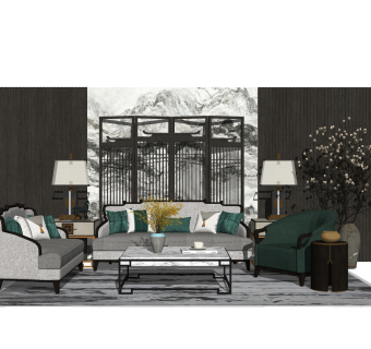 新中式沙发组合su模型，沙发茶几组合skp模型下载