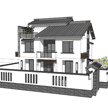 中式别墅建筑草图大师模型，古建民俗sketchup模型免费下载