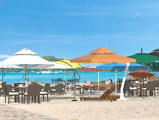 现代沙滩<em>太阳</em>伞户外桌椅组合草图大师模型，桌椅组合...