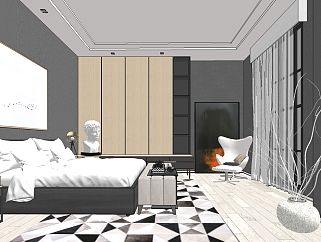现代极简卧室su模型，卧室床灯具衣柜组合草图大师模型下载