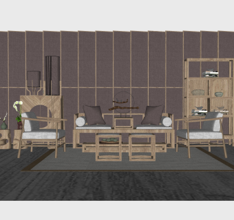 新中式沙发组合su模型，新中式沙发组合skp模型下载