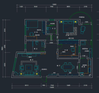 祥细客厅卧室家装户型图三居CAD，免费下载