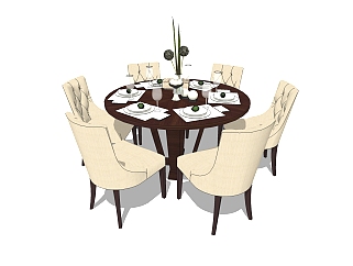 欧式圆形餐桌椅su模型，圆形餐桌椅skp模型下载