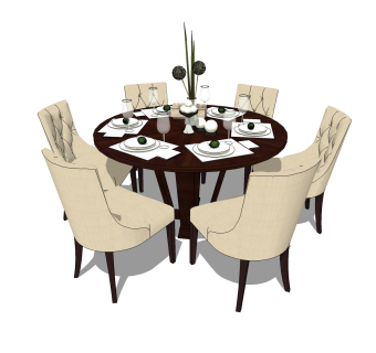 欧式圆形餐桌椅su模型，圆形餐桌椅skp模型下载
