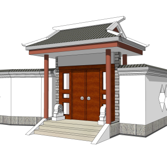 中式院门院墙草图大师模型，院门院墙sketchup模型免费下载