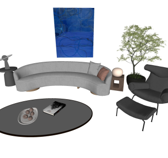 现代茶几休闲沙发植物挂画sketchup模型下载