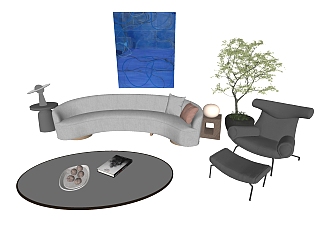现代茶几休闲沙发植物挂画sketchup模型下载