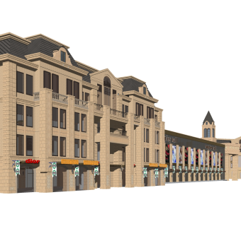 欧式沿街商业建筑草图大师模型，沿街商业建筑sketchup模型免费下载