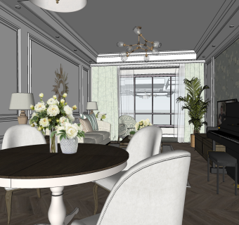 美式客餐厅su模型，客餐厅沙发卧室茶几组合草图大师模型下载
