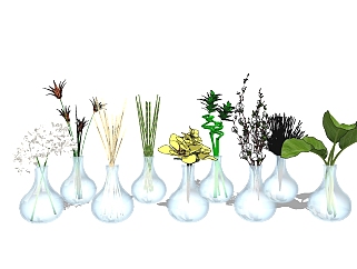 现代玻璃花瓶插花组合sketchup模型，玻璃花瓶skb模型分享