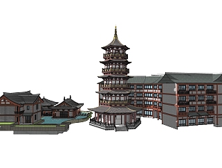 中式古建筑草图大师模型，古建民俗sketchup模型免费下载