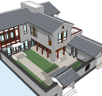 中式别墅庭院su模型下载、中式别墅庭院草图大师模型下载
