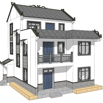 新中式徽派建筑草图大师模型，古建民俗sketchup模型免费下载