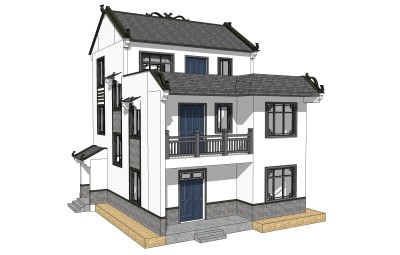 新中式徽派建筑草图大师模型，古建民俗sketchup模型免费下载