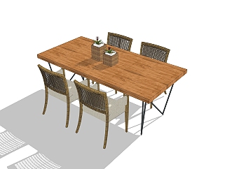 现代实木餐桌椅su模型，四人餐桌长餐桌草图大师模型下载
