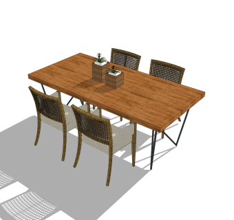 现代实木餐桌椅su模型，四人餐桌长餐桌草图大师模型下载