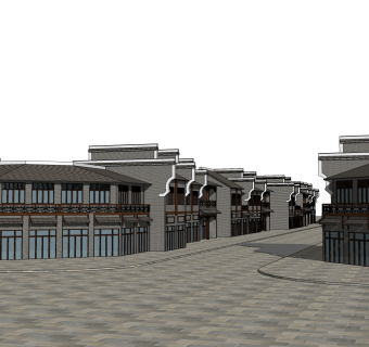 中式商业街建筑草图大师模型，古建民俗sketchup模型免费下载