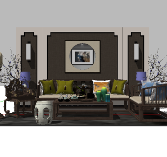 中式实木沙发组合su模型，实木沙发组合sketchup模型下载