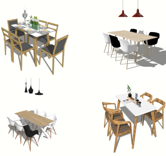 现代餐桌椅组合su模型，餐桌组合sketchup模型下载