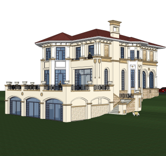法式独栋别墅草图大师模型下载，sketchup别墅外观su模型分享