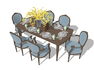 美式餐桌椅组合su模型，简约 餐桌sketchup模型下载