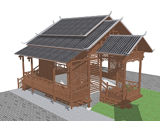 中式建筑外观草图大师模型，古建民俗sketchup模型免费下载