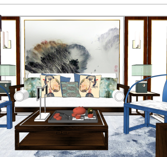 新中式客餐厅su模型下载，客餐厅整套sketchup模型