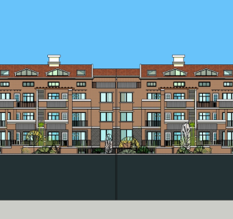 欧式连排别墅su模型免费下载，sketchup别墅草图大师模型