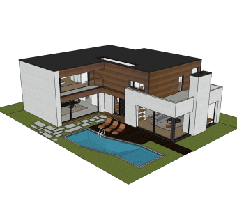 泳池别墅草图大师模型，别墅SU模型下载