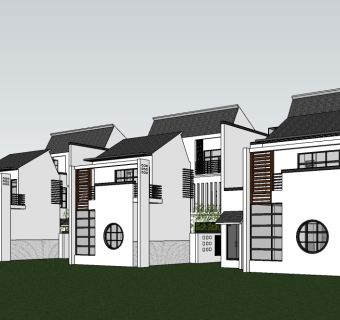 新中式独栋别墅草图大师模型，sketchup别墅su模型下载