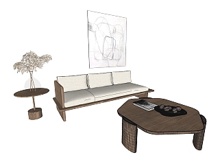 现代休闲沙发边几茶几挂画sketchup模型下载