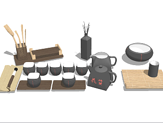 日式茶具套装草图大师模型，茶具套装sketchup模型下载