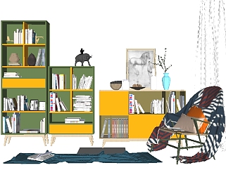 北欧书柜单椅组合su模型，柜子草图大师模型下载