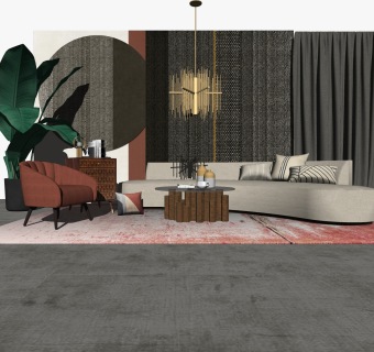 现代布艺沙发组合su模型，沙发组合skp模型下载